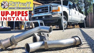 2001 F350 73  RiffRaff UpPipes Install  Stock up pipes leaking and falling apart JUNK SP [upl. by Cruickshank]